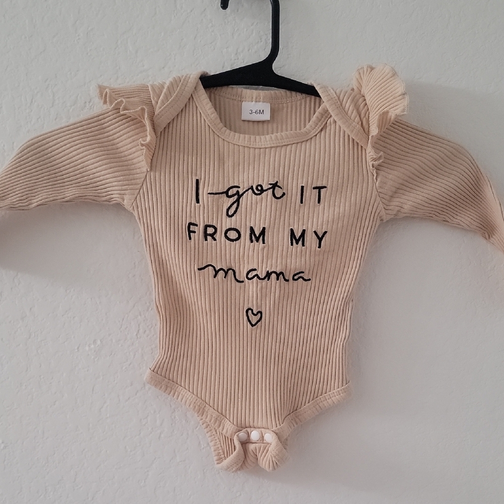 Tan Ribbed Bodysuit with Ruffles and Cute Text